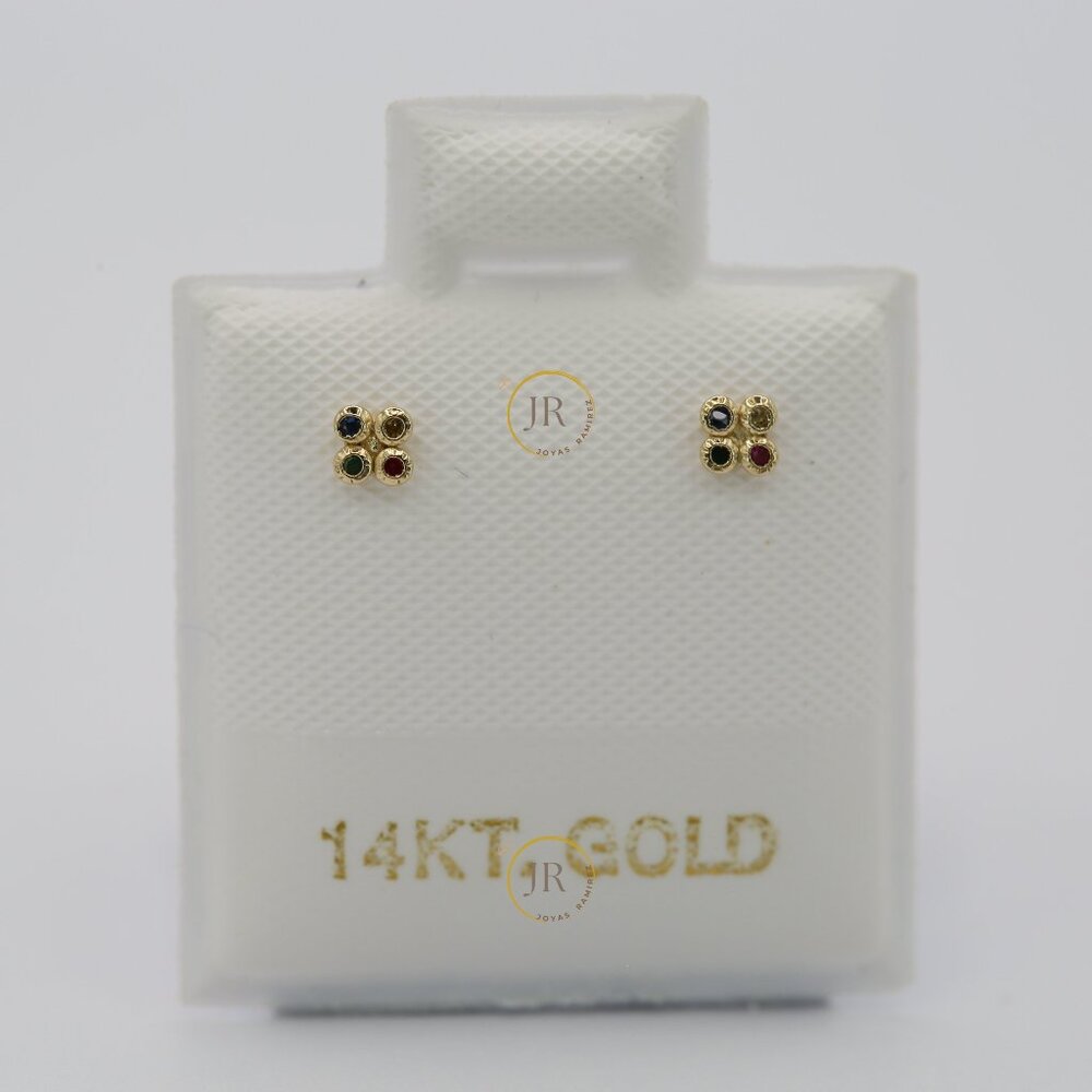 4K Solid Gold Clover Stud Earrings with Multicolor CZ – Fine Jewelry.
